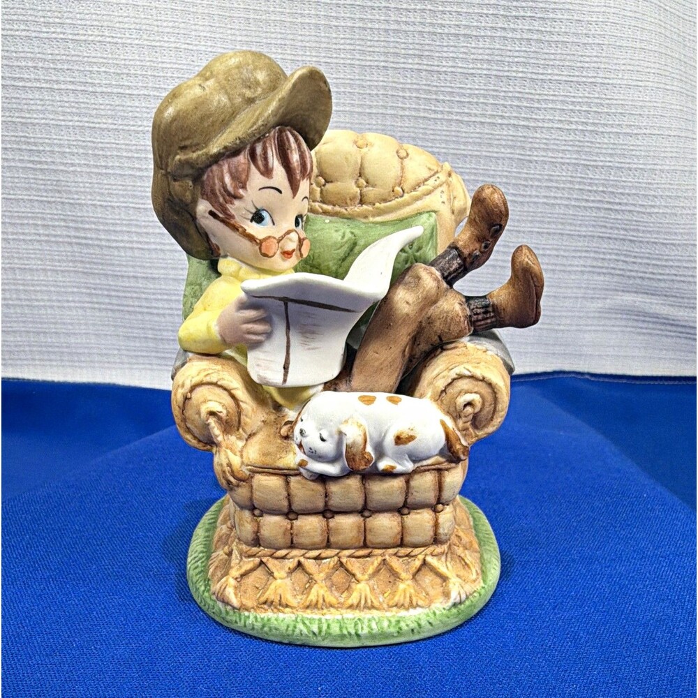 Vintage Bisque Porcelain Boy Reading Newspaper Dog Armchair Figurine Kitsch 4x3